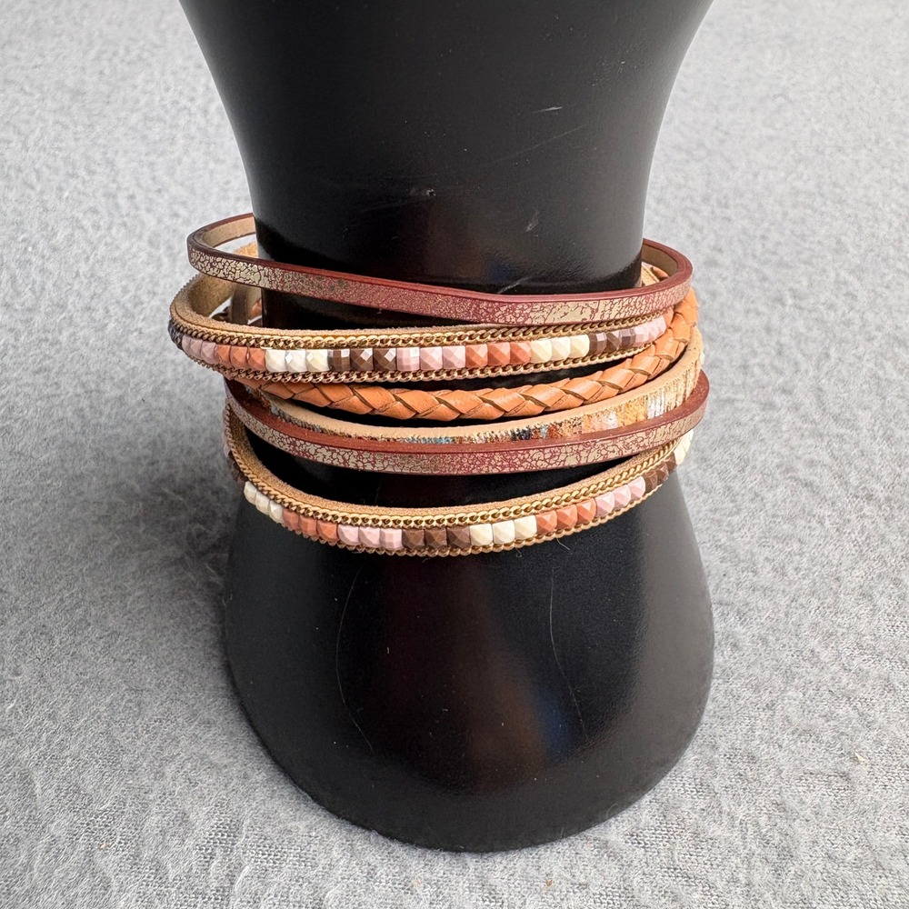 Boho Multi-Strand Magnetic Wrap Bracelet Tan Copper Pink Beaded Faux Leather